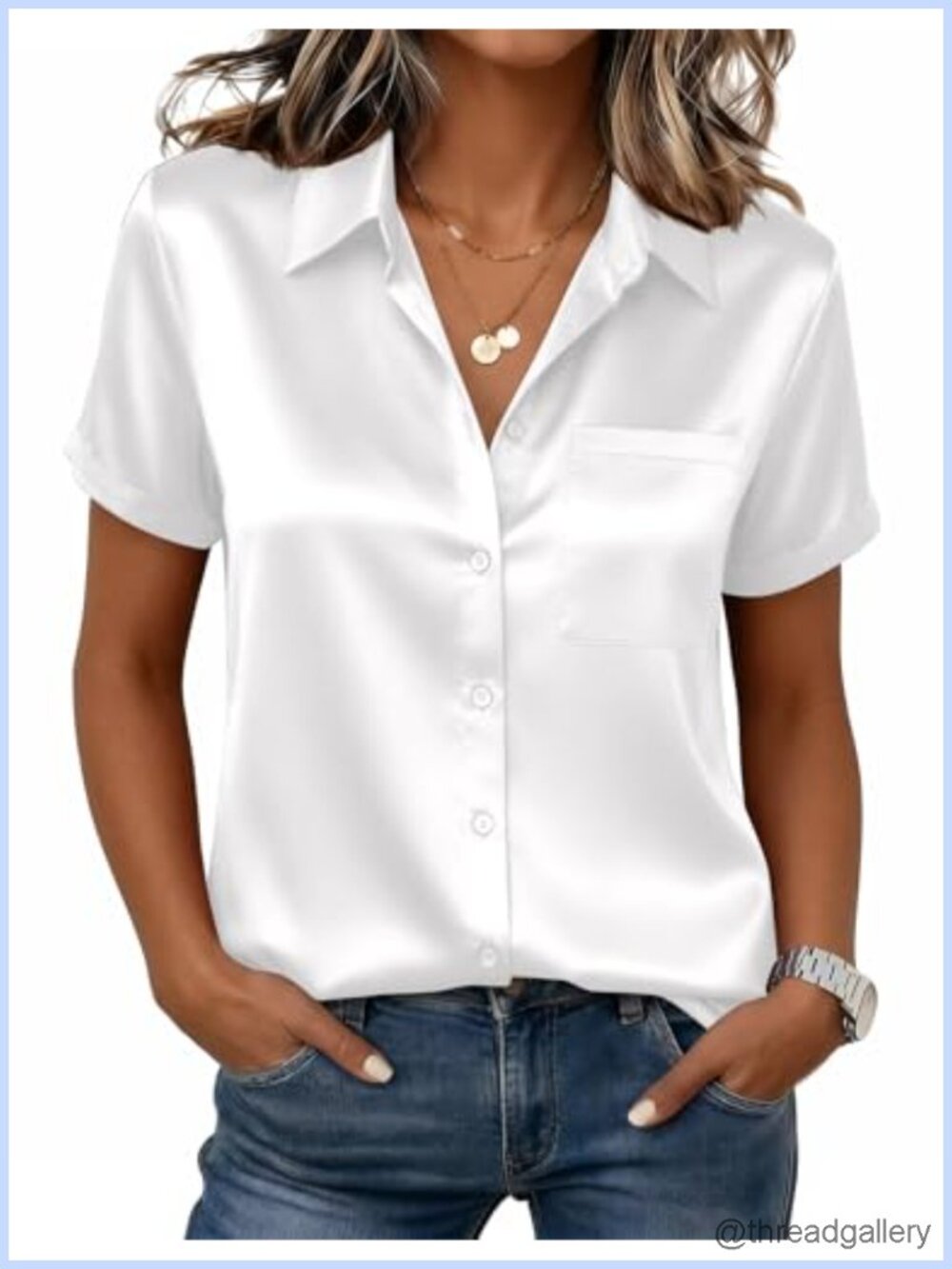 Satin Silky Button Down Short Sleeve Blouse